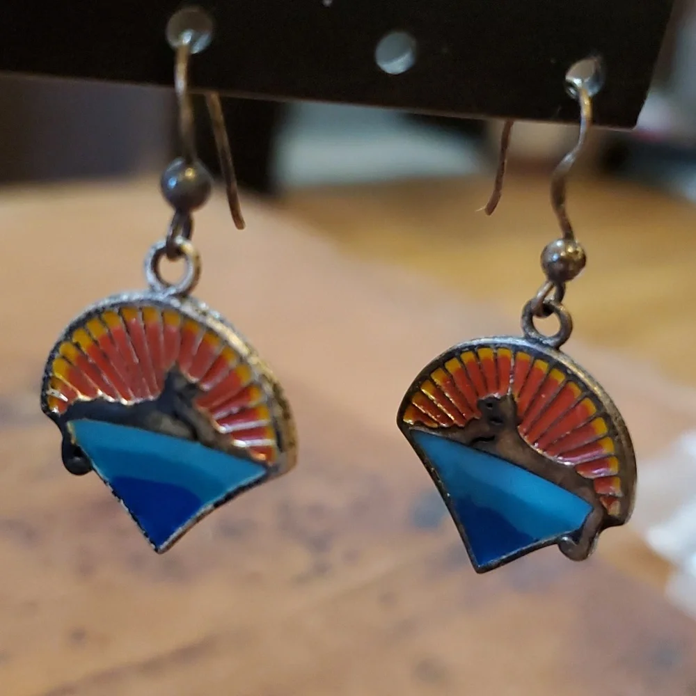 Enamel over Sterling Silver Earrings Egyptian Cats Lions - Picture 2 of 4